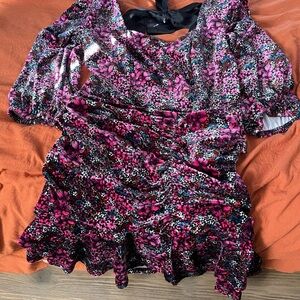 Floral Velvet shirt and skirt  with Black Bow